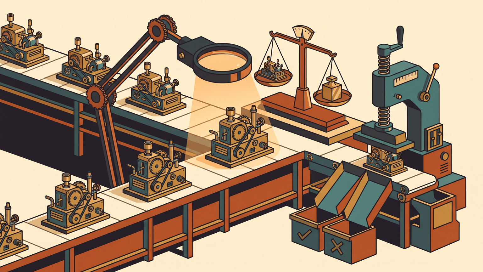 An inspection bench weighing a machine against a calibrated reference