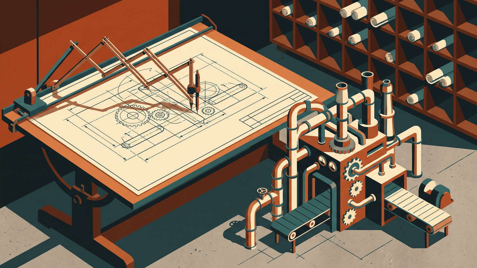 A drafting machine inking plans while the same small factory is assembled beside it