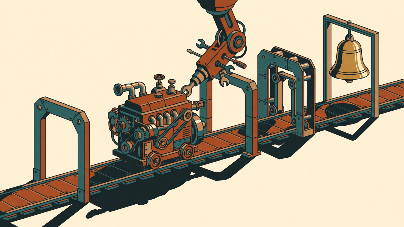 A small engine guided through training gates by a mechanical tutor arm