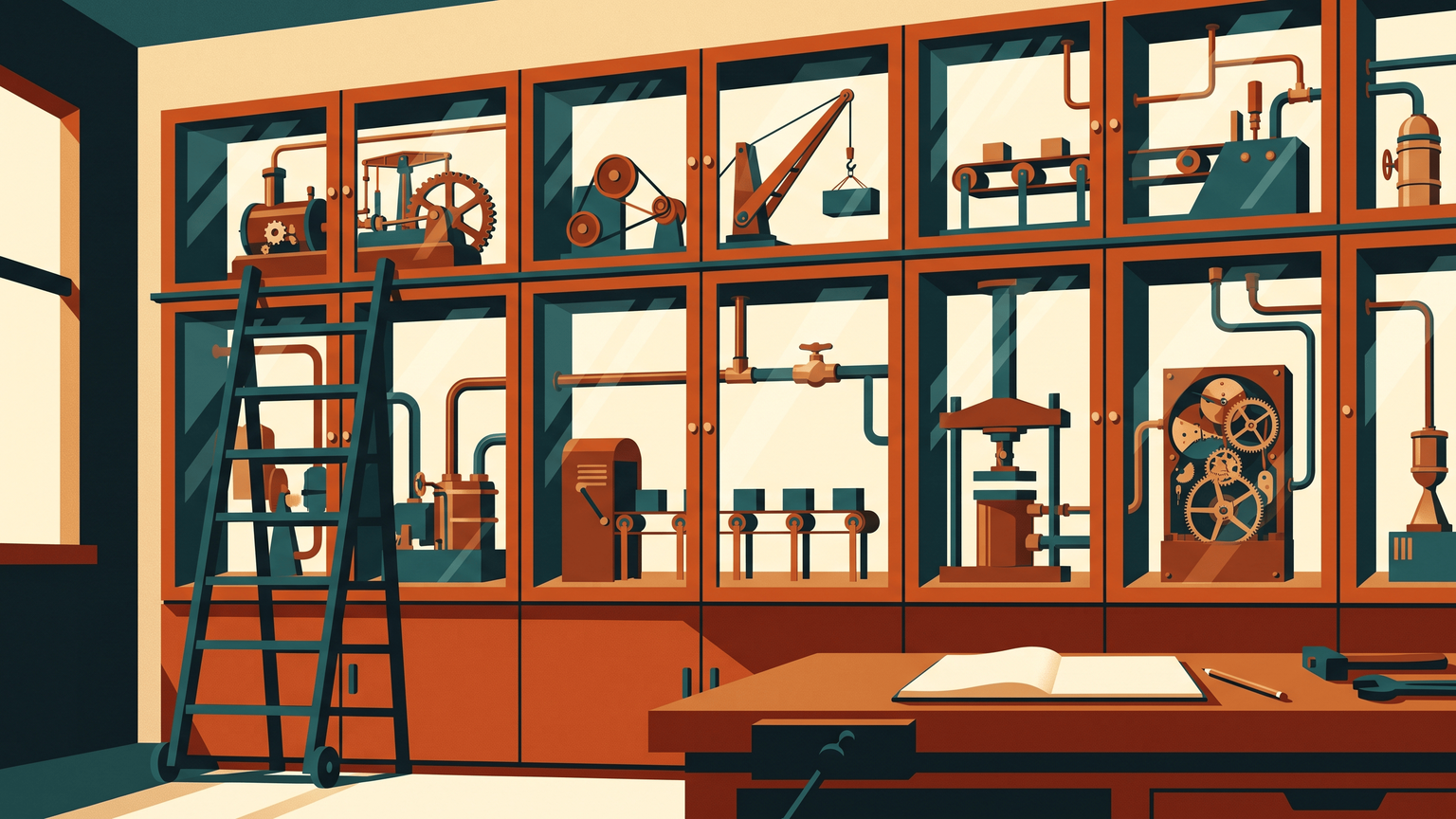 A periodic-table wall of display cases, each holding a miniature machine