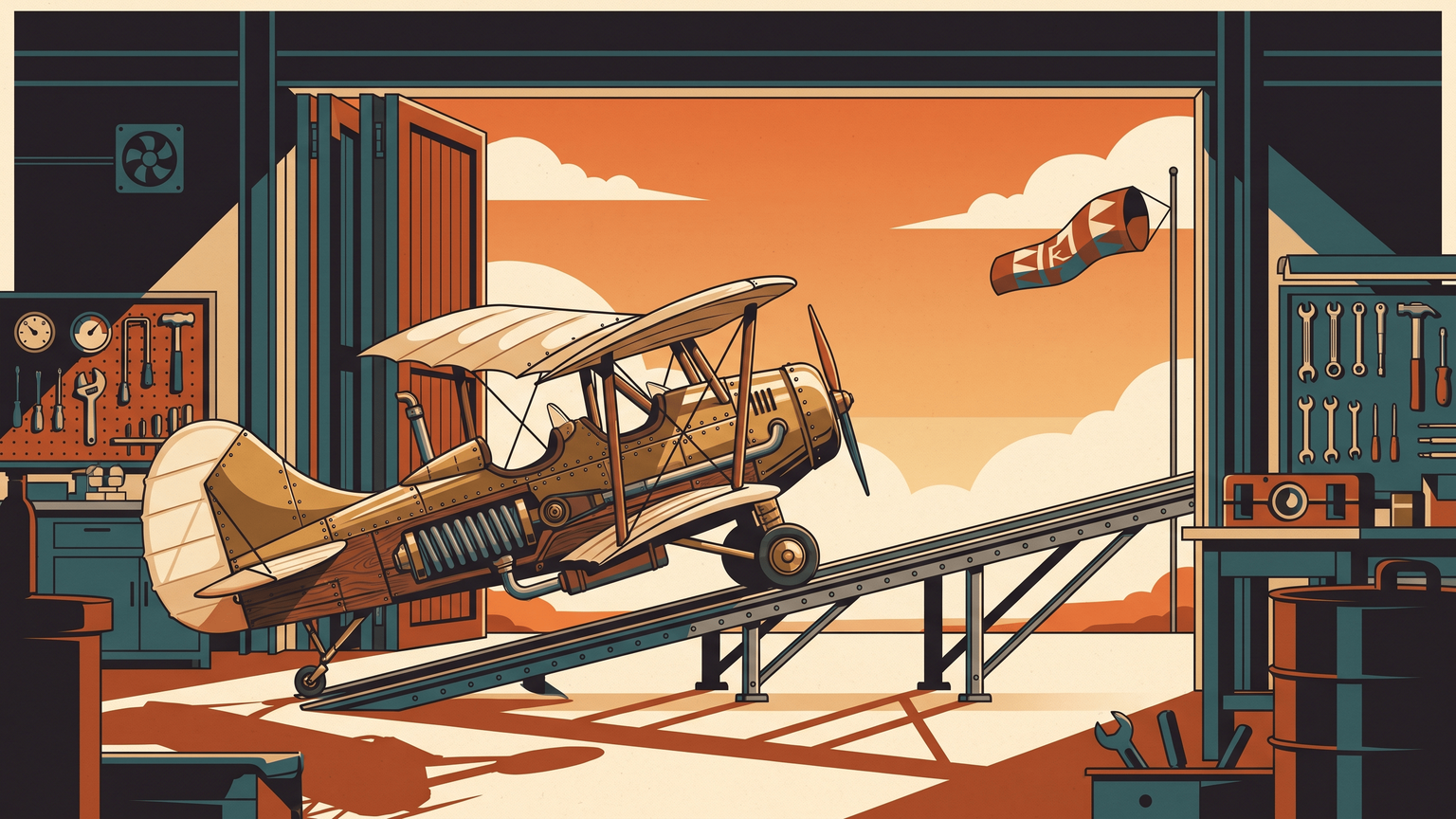 A small flying machine on a launch rail, aimed at open doors full of morning light