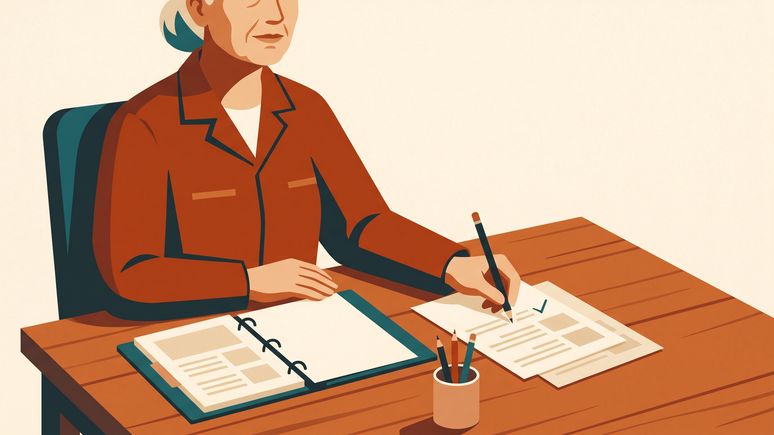 An older woman bookkeeper at a wooden desk, bank statement on the left, invoices on the right, ticking matches with a pencil