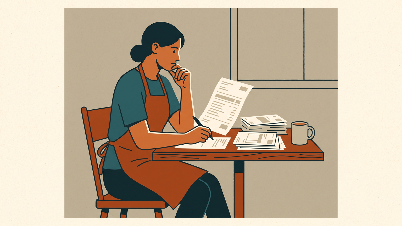 A young café owner in an apron at a small table after hours, bank statement, invoice pile and bills pile in front of her, guessing next month's balance