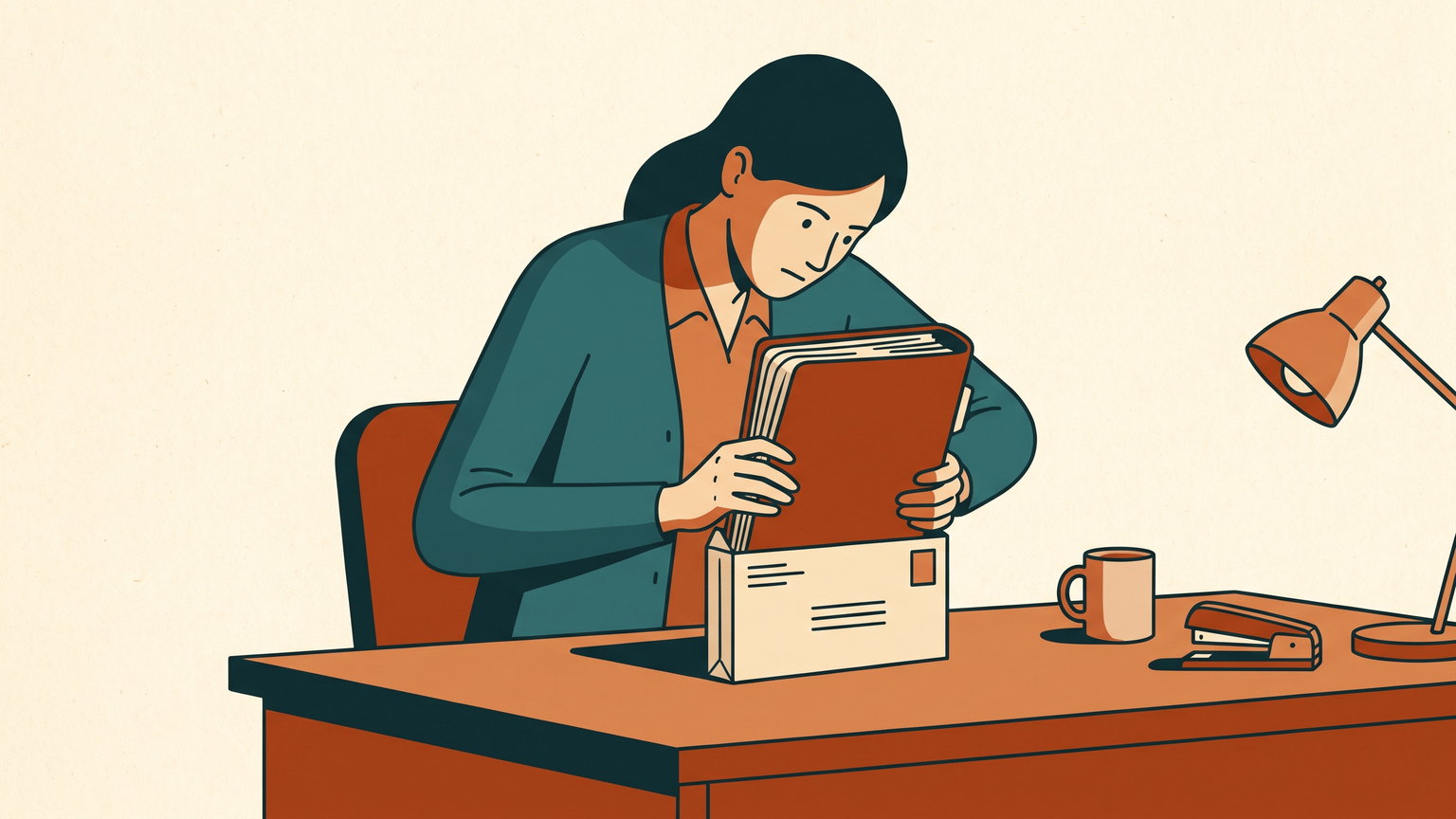 A woman at a desk trying to squeeze a thick folder of plans into an envelope that is far too small