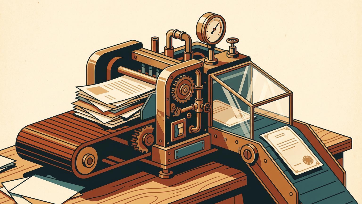 a compact brass workshop machine that takes in a tray of mixed papers on one belt and delivers one stamped, sorted result on the other, a single gauge and a clear sorting chute — the core of 'The contract signing station'