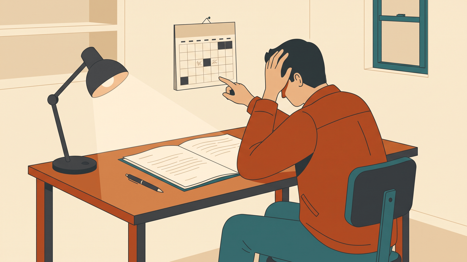 A man at a desk with a supplier contract, discovering the cancellation deadline was last week on the wall calendar