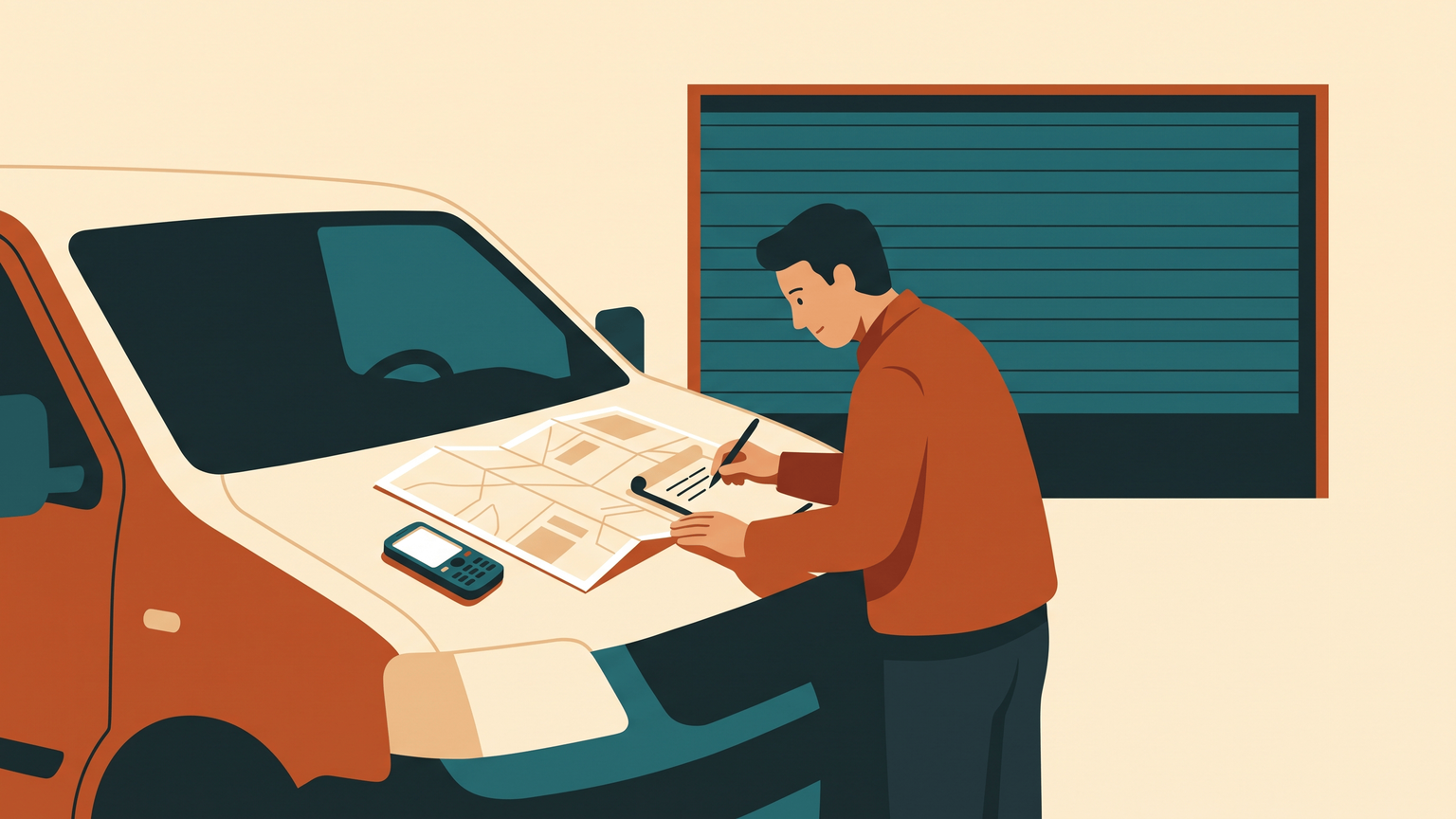 A delivery driver with a paper map on the van bonnet, writing the day's stops in the order the phone rang