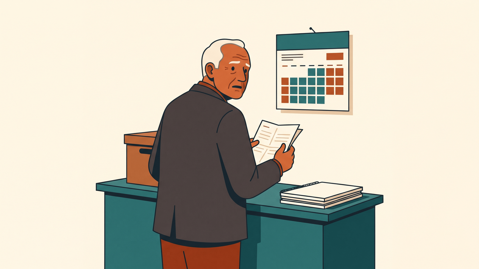 An older man behind a shop counter holding a customer's letter asking for their data, glancing nervously at a wall calendar