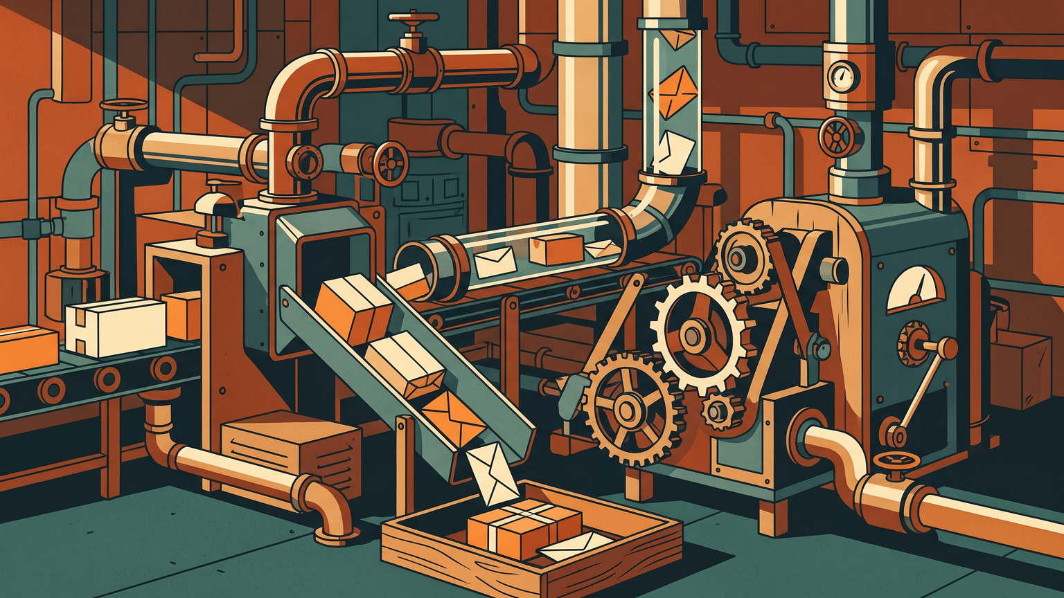 A machine of pipes and valves funnels a stream of sorted mail into a single, waiting tray.