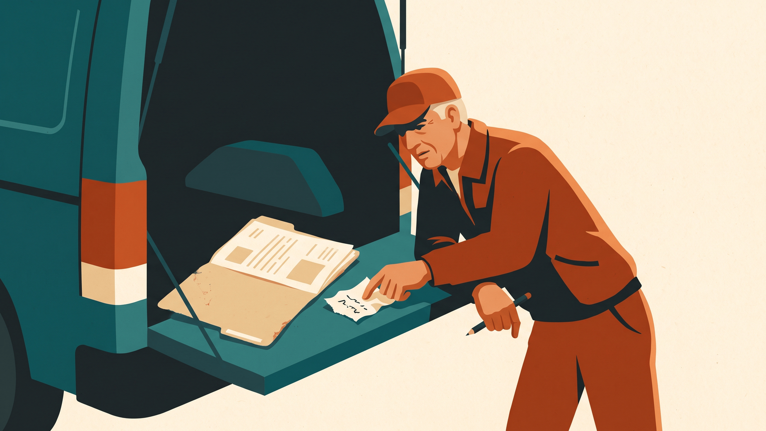 An older roofer in a cap at his van's tailgate, pricing a new job from memory, an old invoice folder open and a rough sum on a scrap of paper