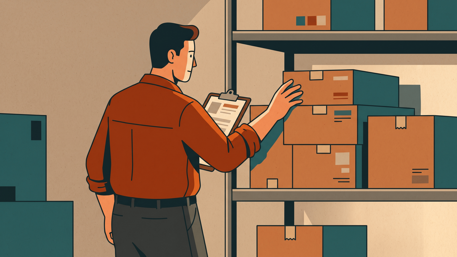 A shop owner in the storeroom counting boxes on a shelf by hand, a clipboard under one arm
