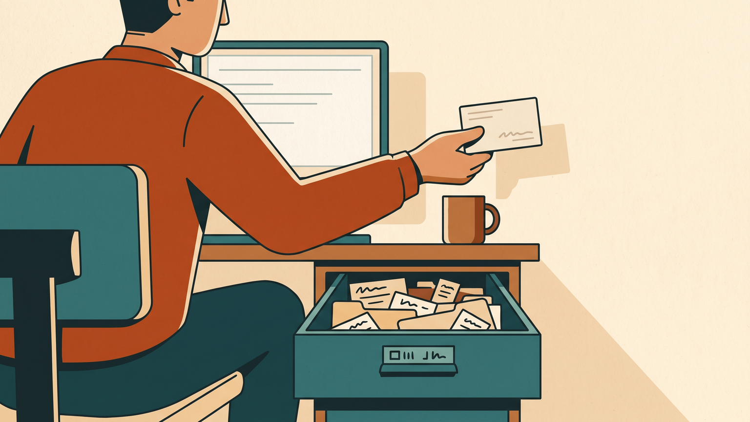 A manager handing a departing employee a farewell card while a drawer of forgotten account logins stays open