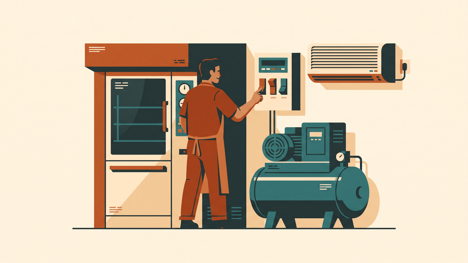 A bakery worker switching on the oven, compressor and air conditioning all at once at the start of the shift