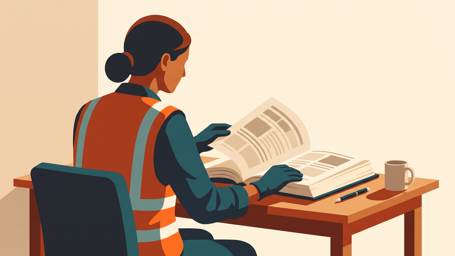 A woman in a hi-vis vest at a site office table leafing through a thick official gazette of tenders, pages showing only faint printed blocks