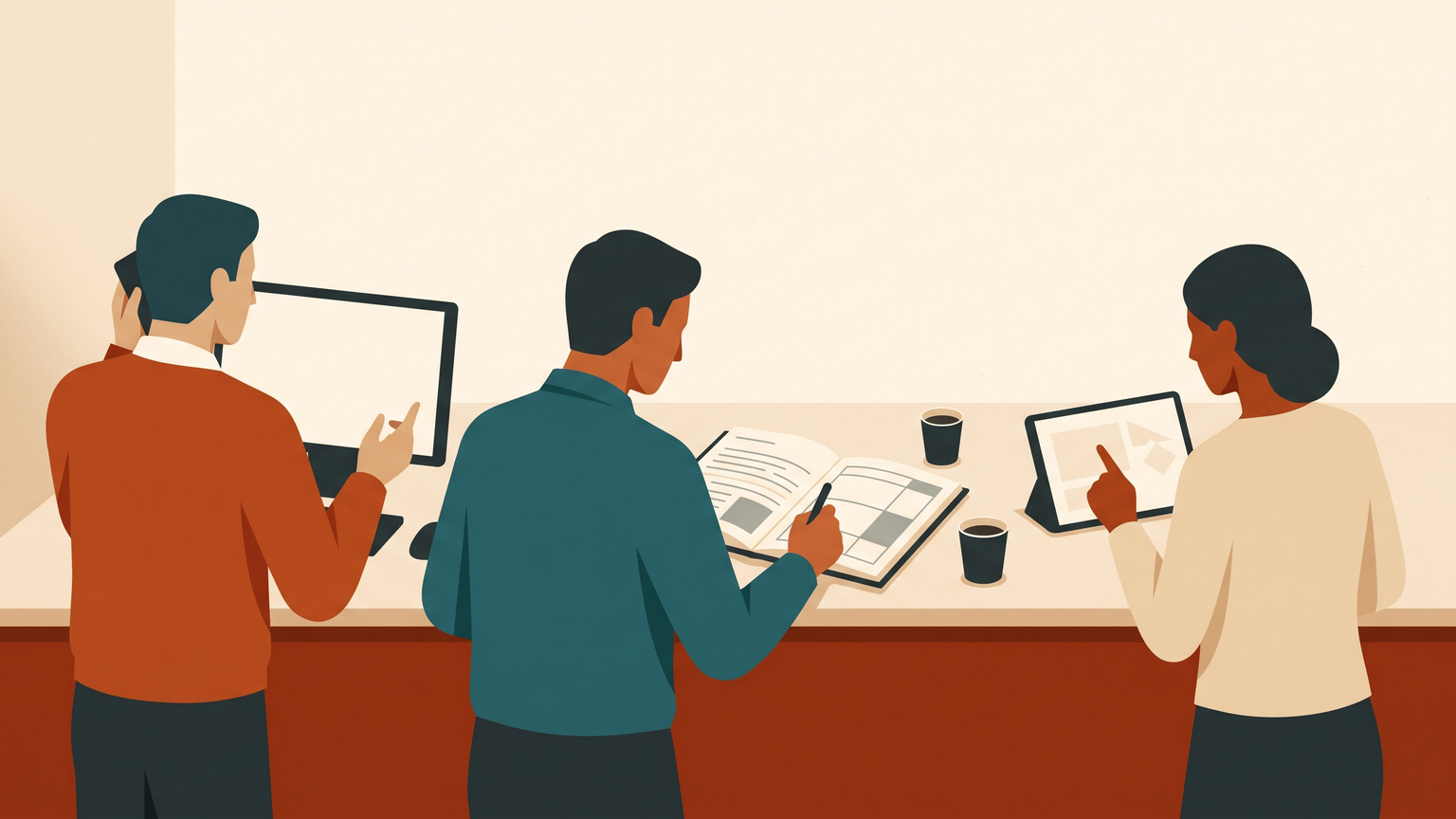 Three colleagues at one counter each answering a different customer question, a paper log between them
