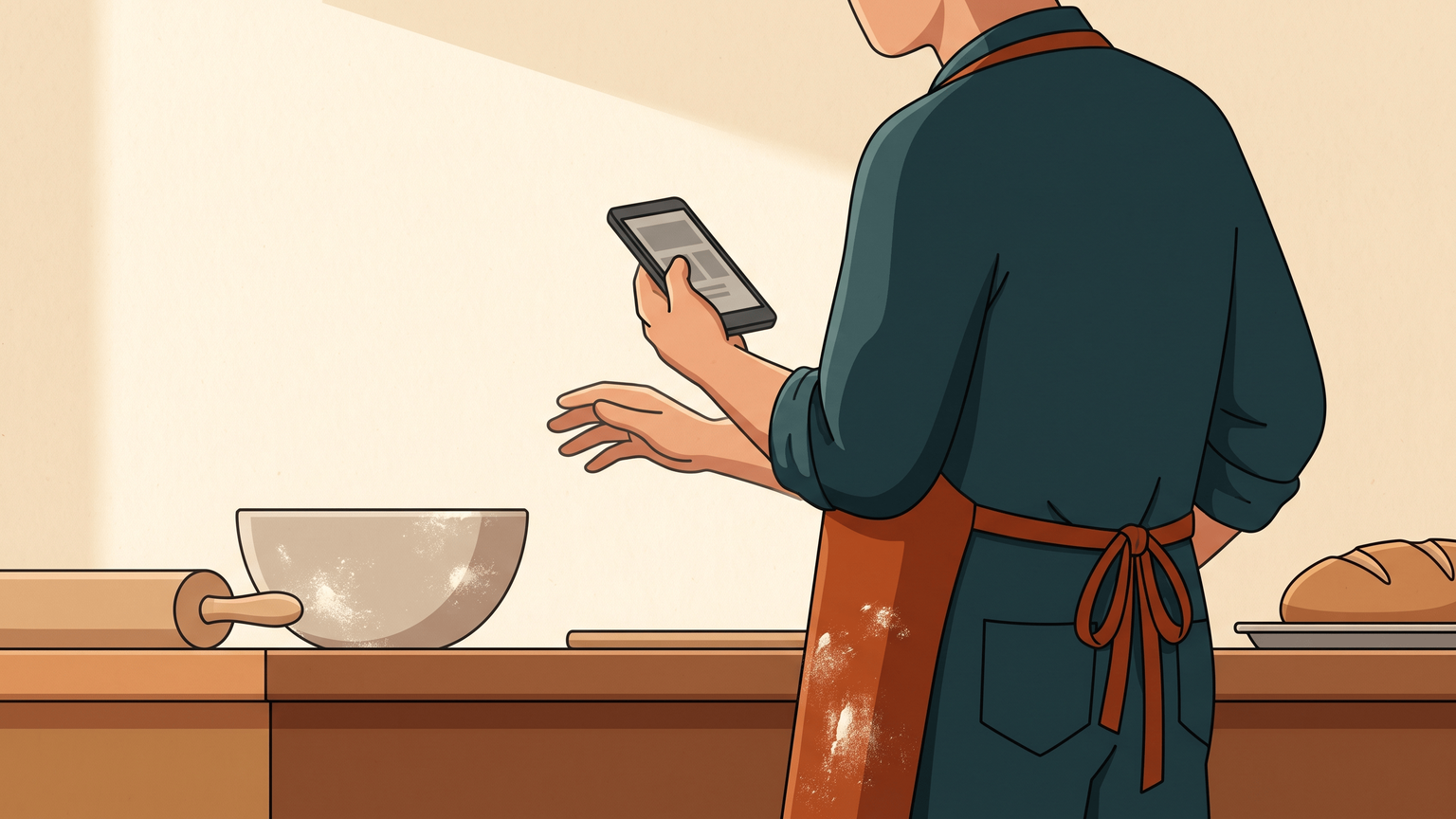 A baker in a floured apron, phone in one hand, trying to type a social post between customers