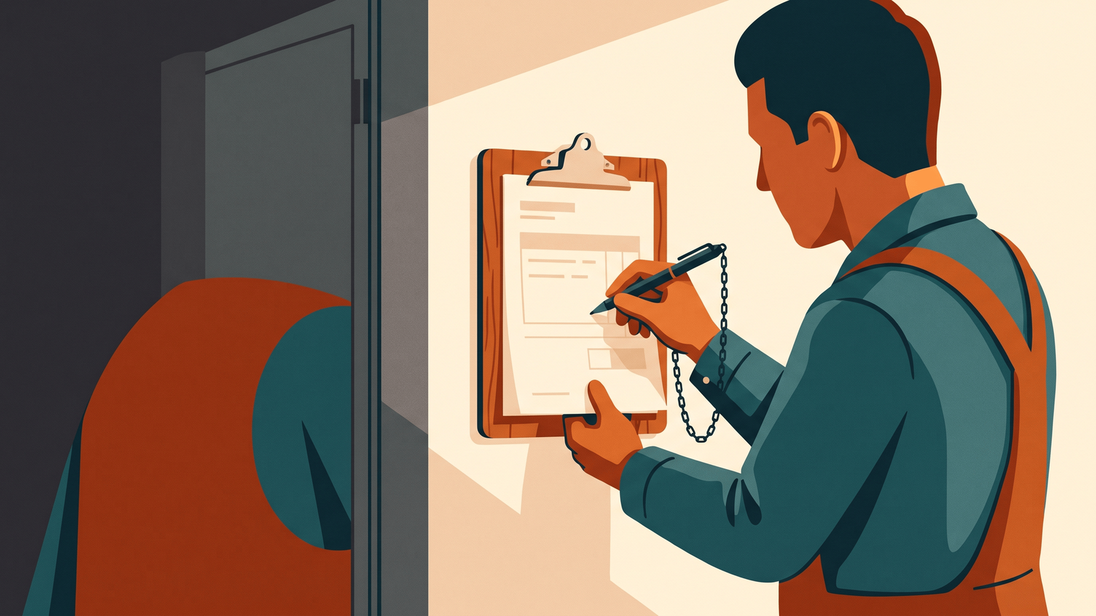 A paper timesheet on a clipboard by the door, a worker signing in with a pen on a chain