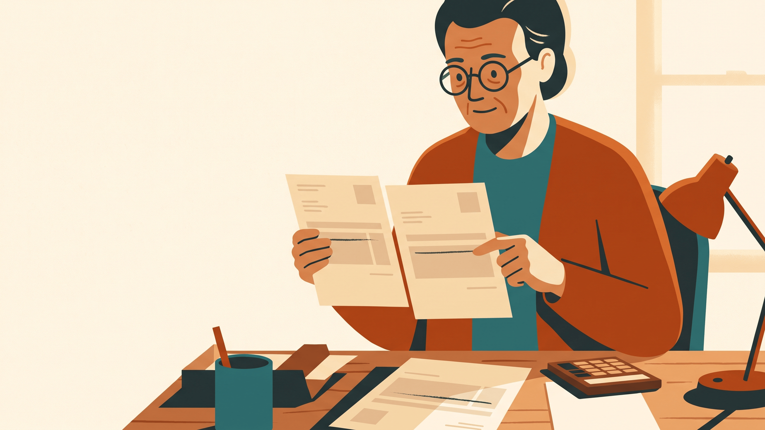 An older accounts clerk with reading glasses holding two supplier invoices side by side at a desk, finger tracing the bank-account line, the paper showing only faint lines