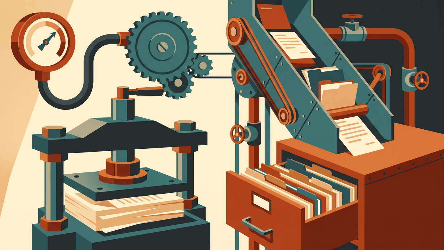 A lone gauge points to a gear, as a press holds a document, while a chute sorts files into a drawer.