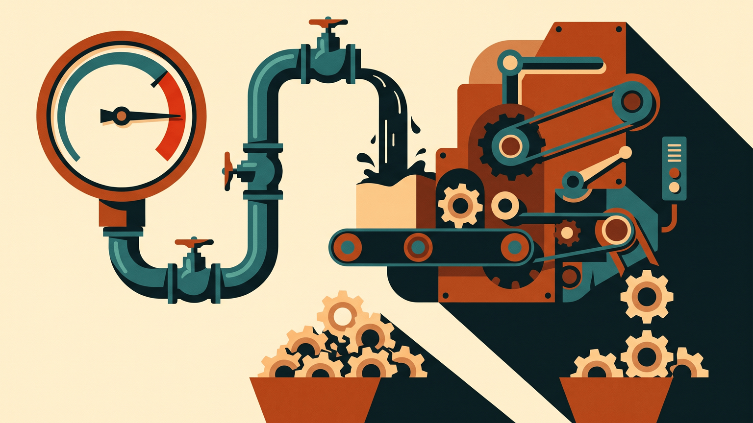 A pressure gauge, its needle jammed against a red peg, feeds a stream of oil into a machine that endlessly manufactures a single, useless gear.