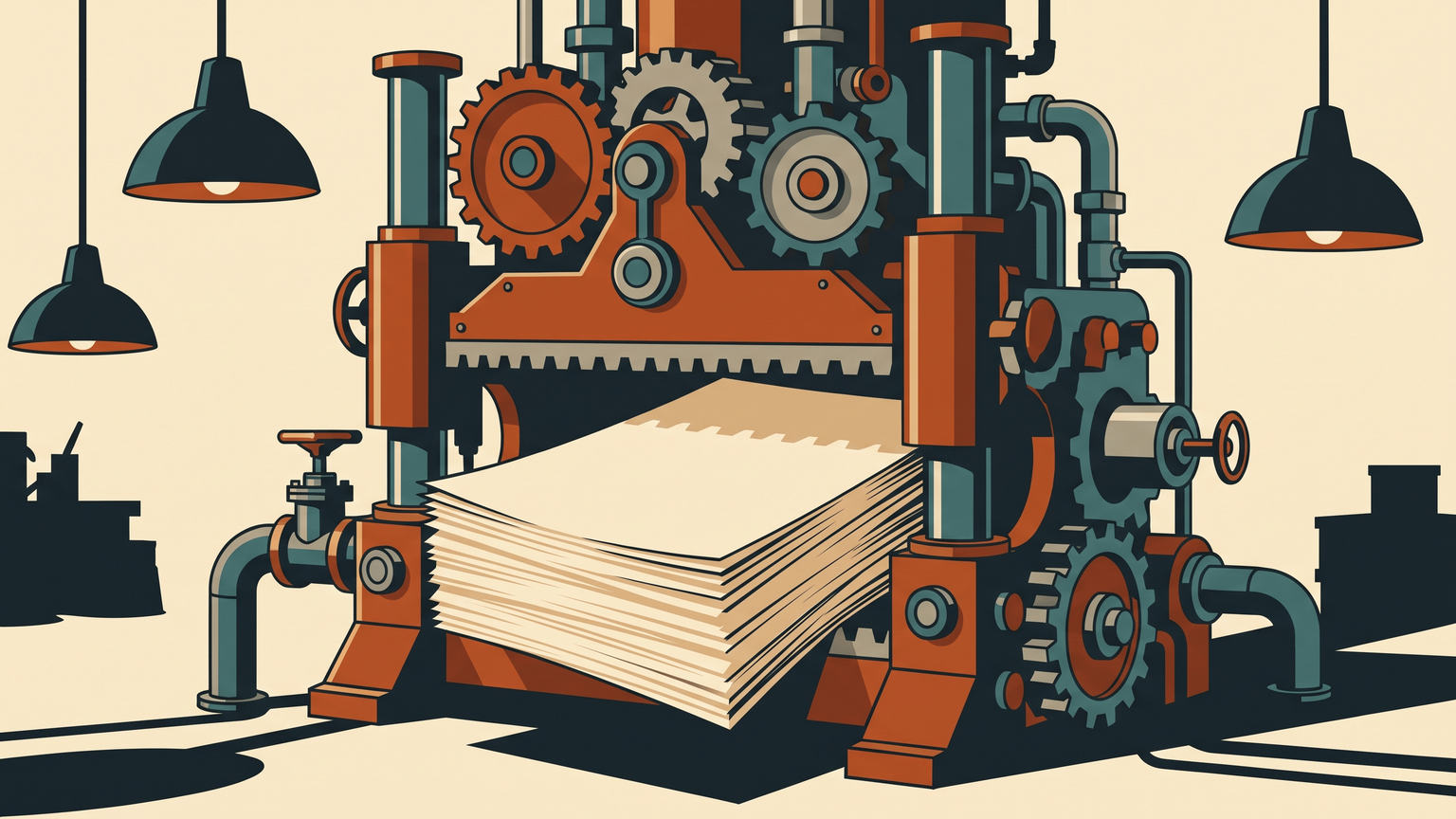 A massive, silent machine press, its jaws wide, holds a stack of blank newsprint, as if ready to stamp out a new reality.