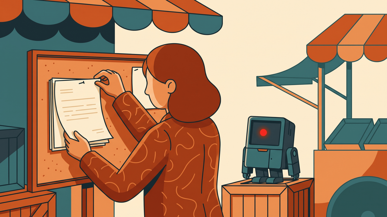 A 40-something female office worker, oblivious, staples a document onto a bulletin board as a small, unassuming desktop robot beside her flashes a red light.