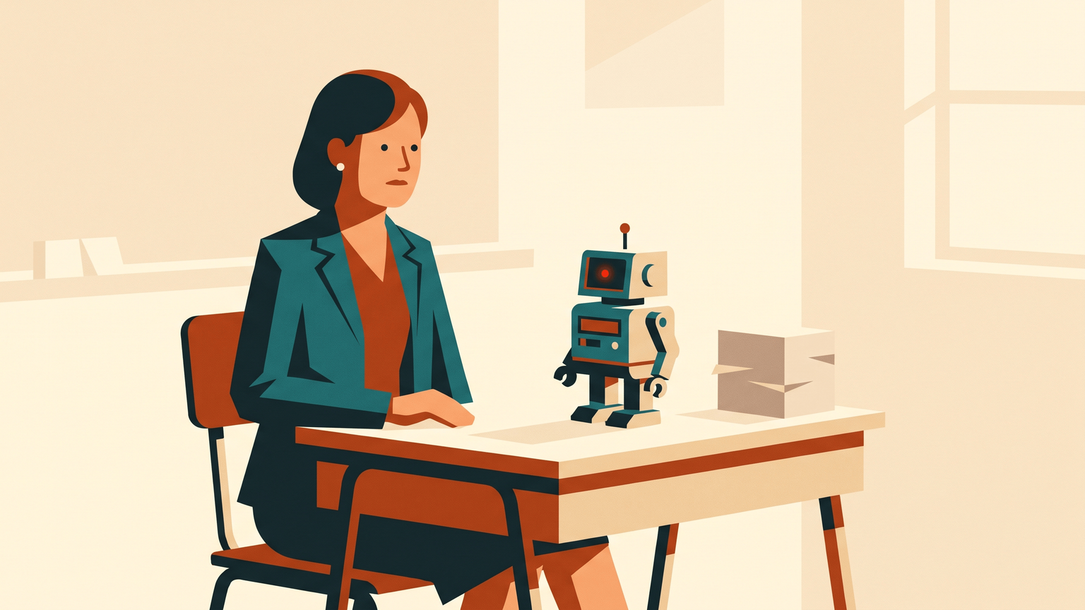A 40-something female office manager stares blankly at a small, whirring desktop robot, its single red eye blinking steadily.