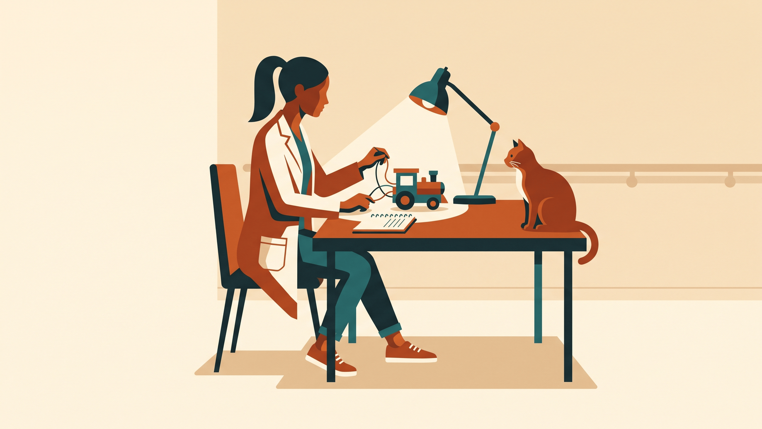 a young woman scientist at a kitchen table testing a toy engine under a desk lamp, notebook open, cat watching