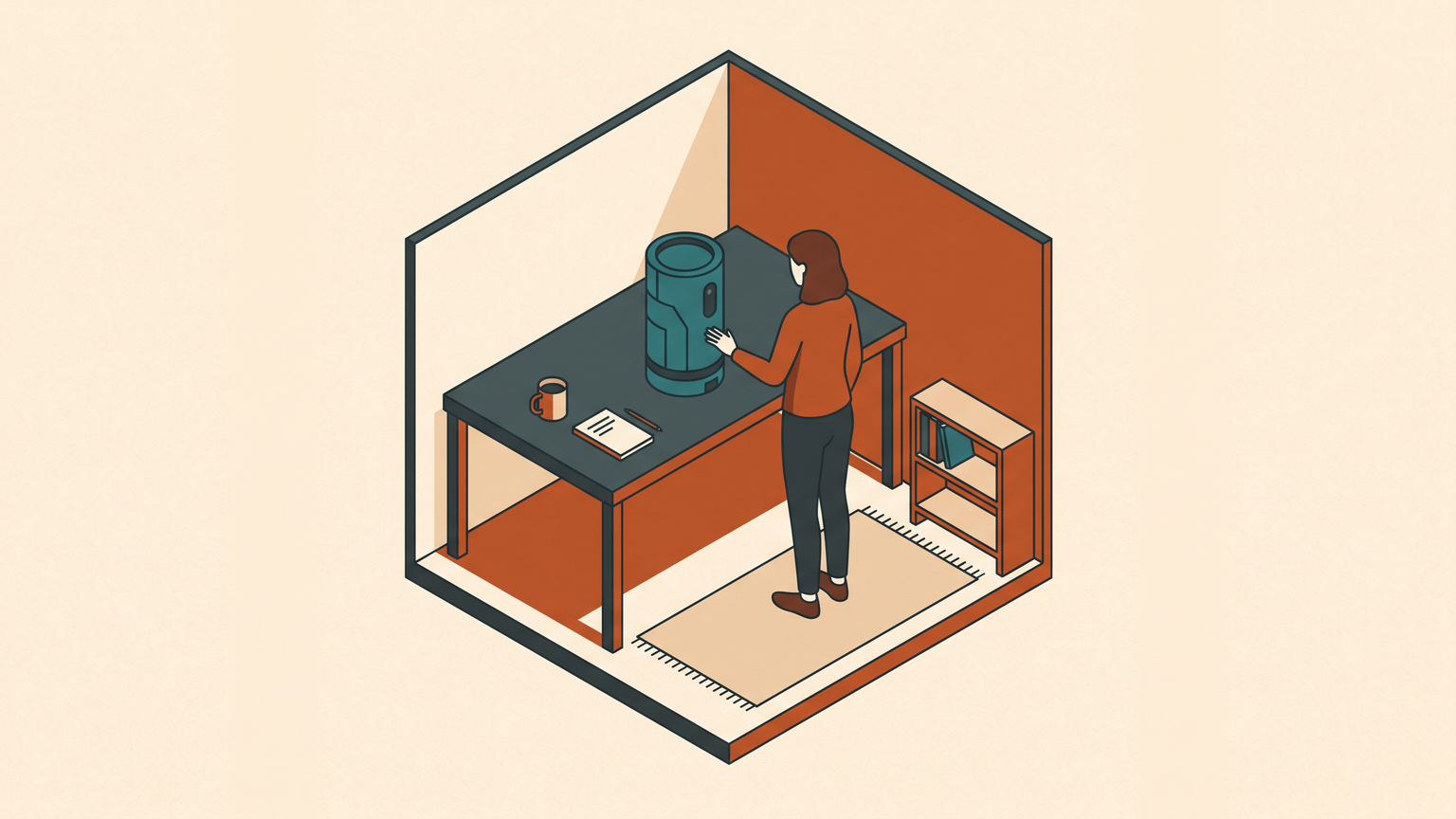 A woman in her 30s, her back to the camera, stands frozen in her home office, her hand hovering over a sleek, plugged-in robot that sits silently on her desk.