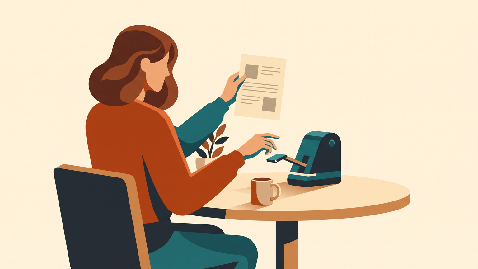A woman in her thirties, at her office desk, holds up a single sheet of paper, her other hand hovering over a small, sleek robot that is poised to scan it.