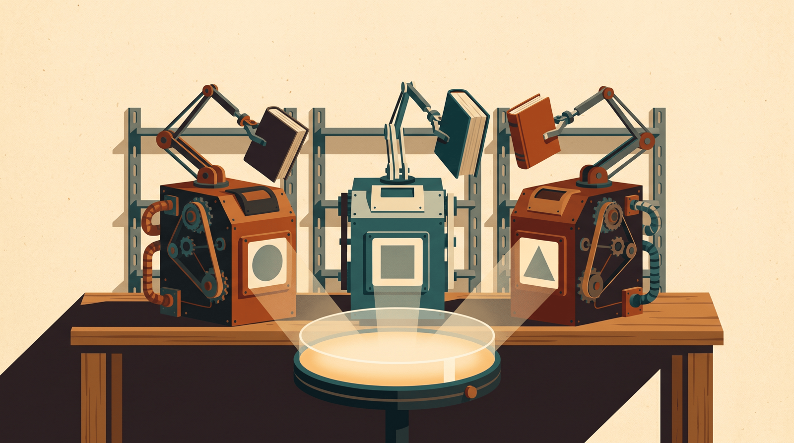 Perplexity vs NotebookLM vs Genspark — editorial illustration